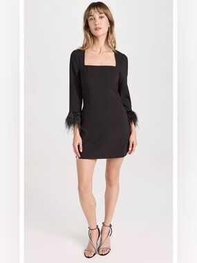 Likely Black Square-Neck Dress with Feather Trim Cuffs